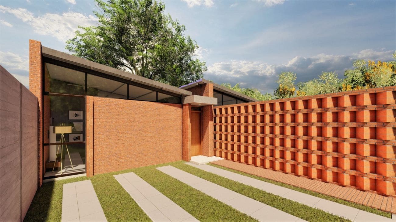Render del patio con el árbol